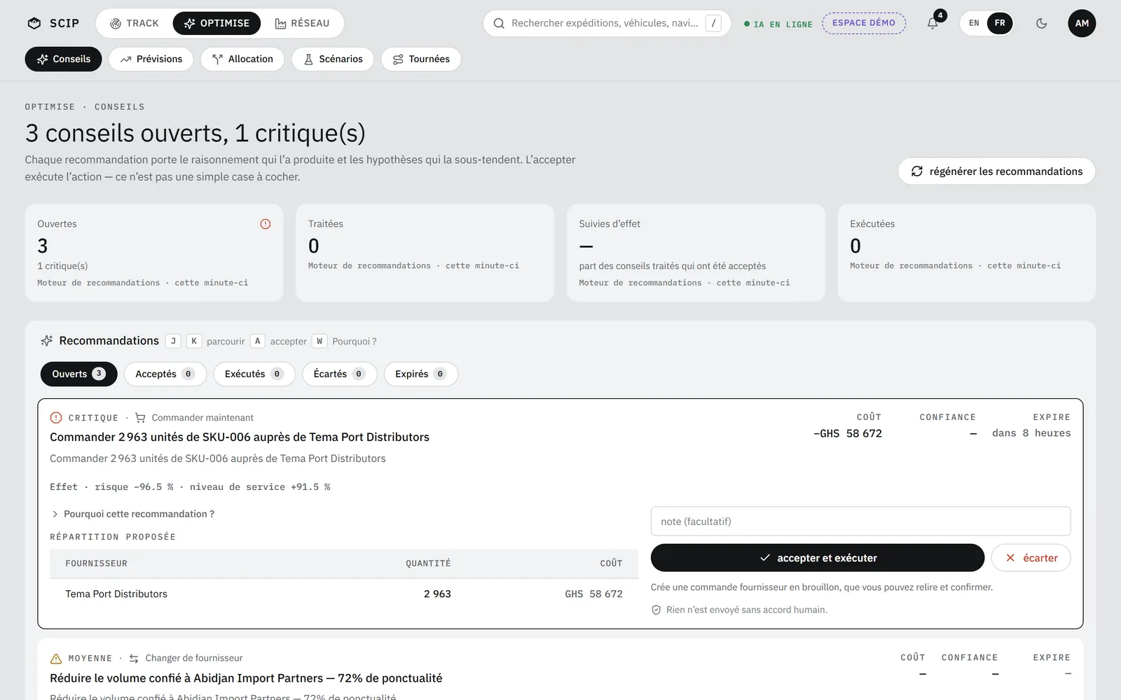 Écran Conseils de SCIP : « 3 conseils ouverts, 1 critique(s) », en tête « Commander 2 963 unités de SKU-006 auprès de Tema Port Distributors ».