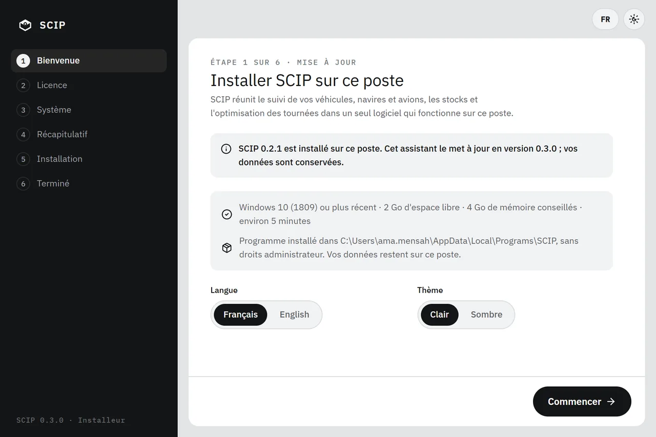 Aperçu de l'installeur de SCIP en mode mise à jour : « SCIP 0.2.1 est installé sur ce poste. Cet assistant le met à jour en version 0.3.0 ; vos données sont conservées. »