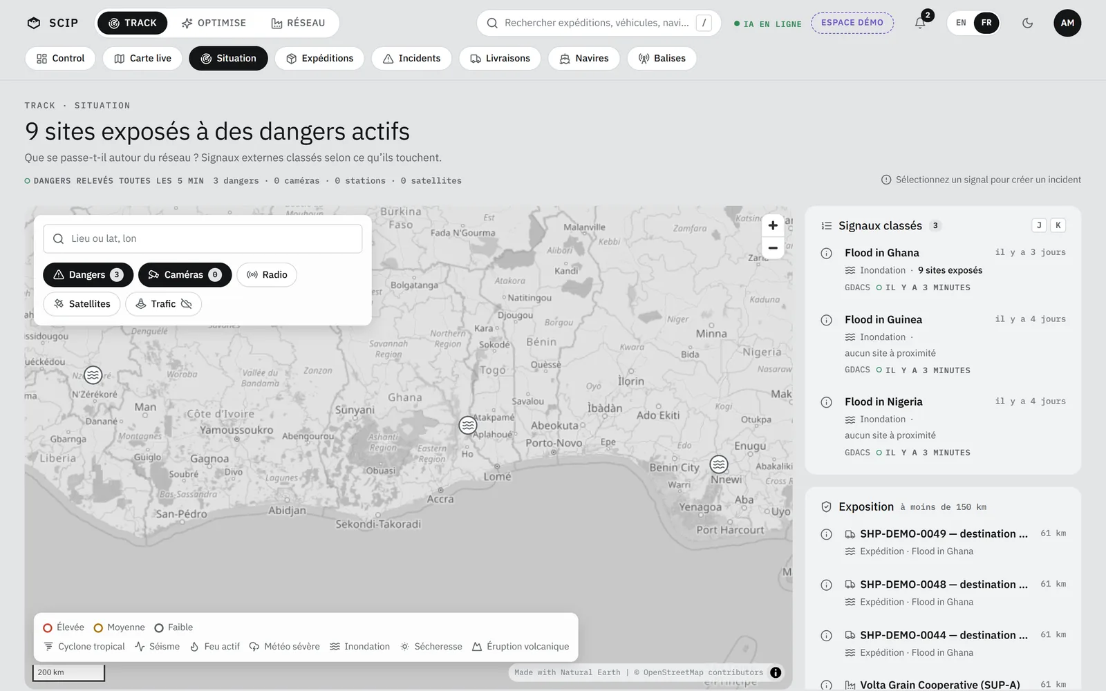 Écran Situation de SCIP : « 9 sites exposés à des dangers actifs », carte des dangers, signaux classés (inondations relevées par GDACS) et panneau Exposition.